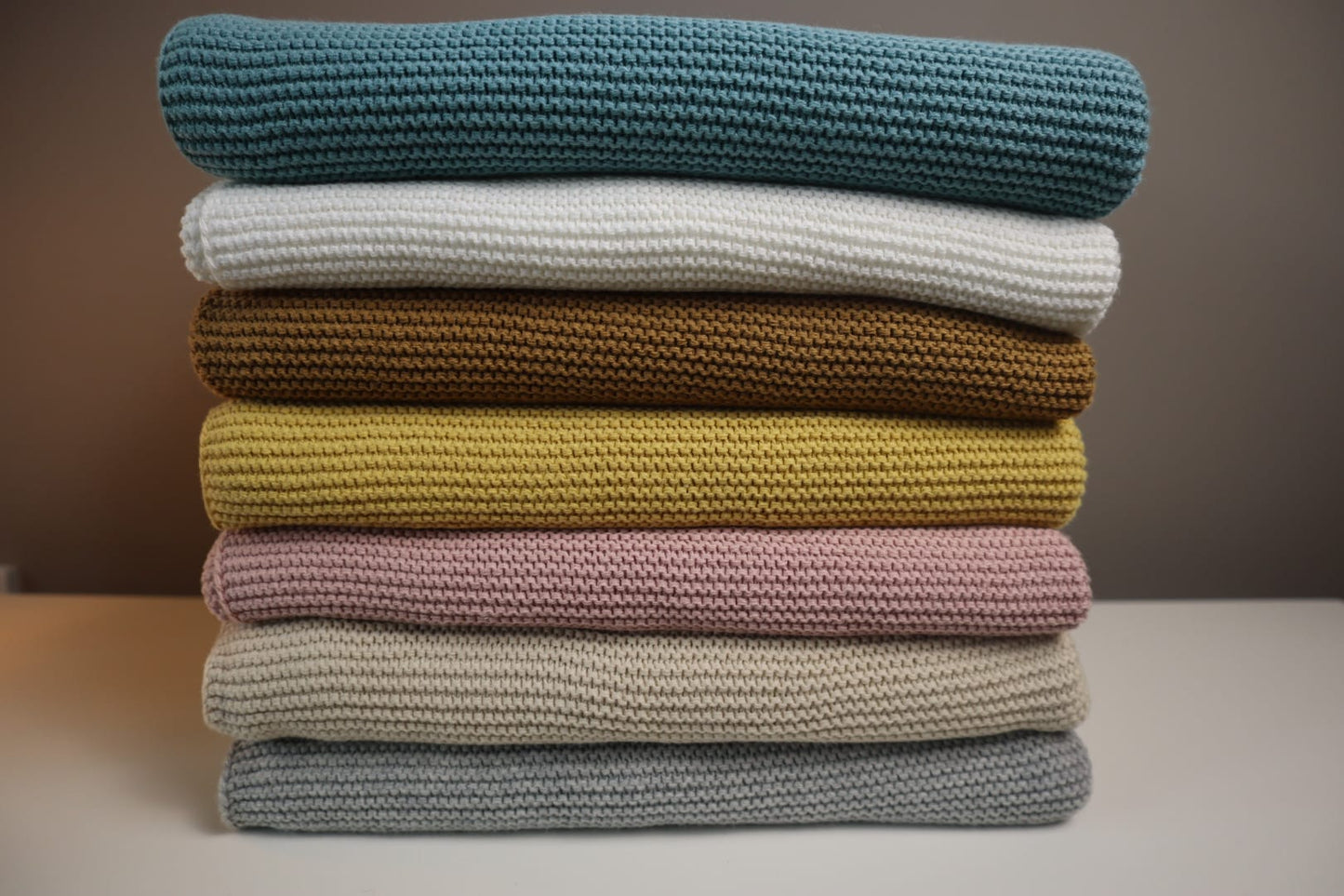Personalised baby cotton knit blanket colour collection including pearl, sage, ochre, dusky pink, taupe 
, beige and grey by Little Raine Drops