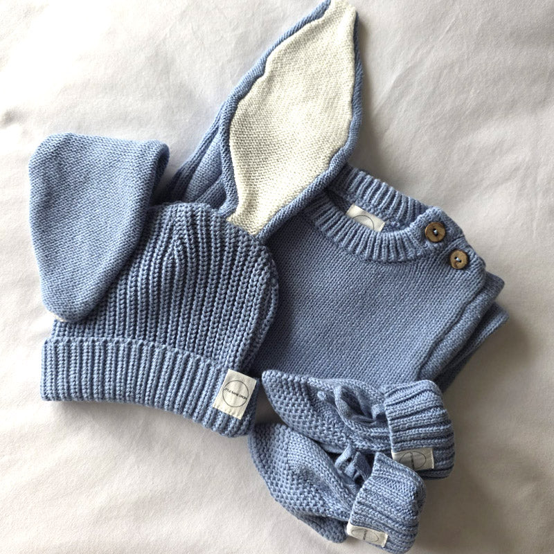 Little Raine Drops cotton knit dusky blue long legged romper with matching bunny beanie and booties waiting to be personalised for gifting or personalised keepsake