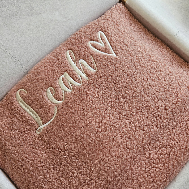 Dusky Pink boucle personalised baby blanket, folded and packaged. Personalised with the name Leah and Love Heart by little Raine Drops Ireland for beautiful soft keepsake, gift, baby shower gift