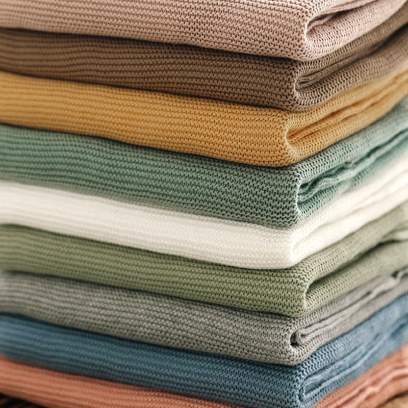 Stack of personalised cotton knit baby blankets by Little Raine Drops shown in soft neutral colours including beige, ochre, sage, pearl, grey, dusky pink, green, dusky lilac, taupe and dusky blue.