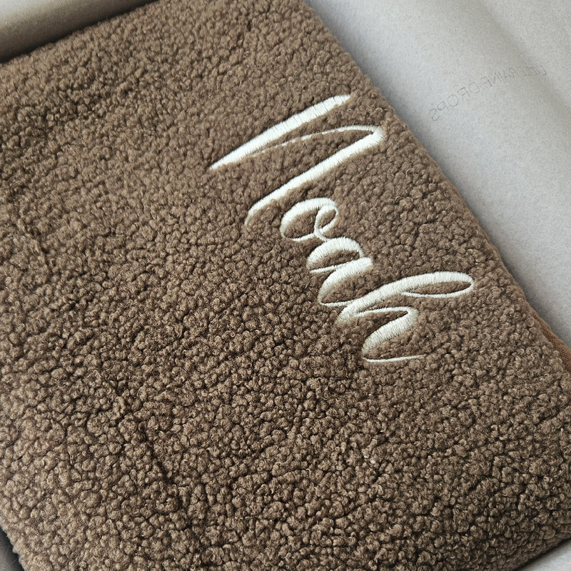Taupe boucle personalised baby blanket, folded and packaged. Personalised with the name Noah by little Raine Drops Ireland for beautiful soft keepsake, gift, baby shower gift